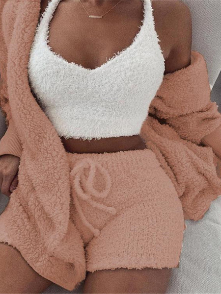 3pcs Womens Clothing Long Sleeve Crop Tank Top And Drawstring Shorts Pajama Set