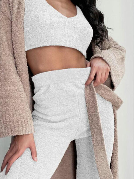 3pcs Womens Clothing Long Sleeve Crop Tank Top And Drawstring Shorts Pajama Set