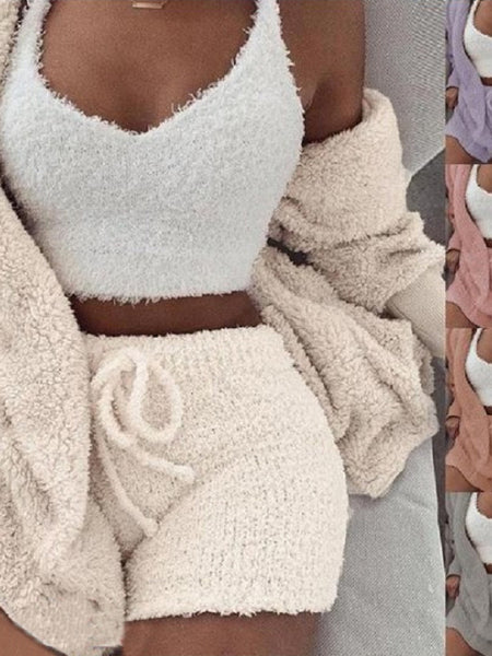 3pcs Womens Clothing Long Sleeve Crop Tank Top And Drawstring Shorts Pajama Set